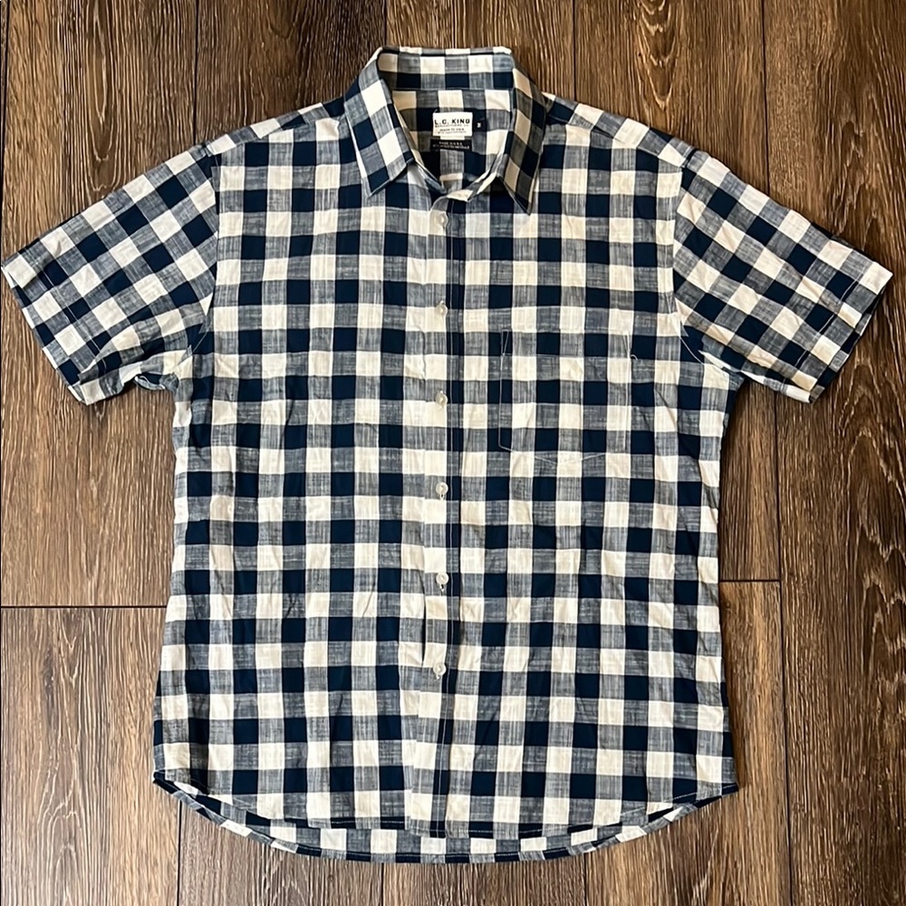 Blue & White LC King Plaid Short Sleeve Button Up Shirt Mens Medium MADE IN USA